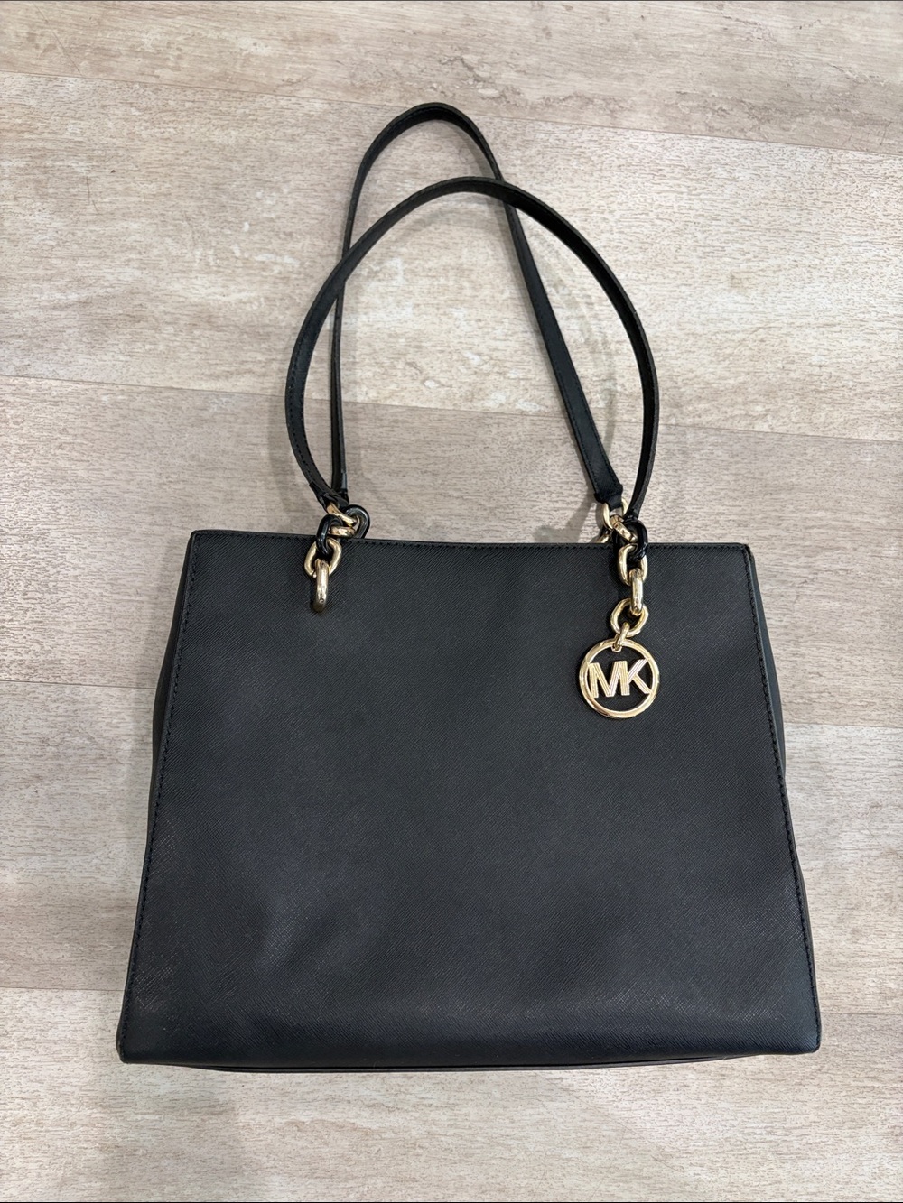Michael Kors Black Leather Tote with Gold MK Charm